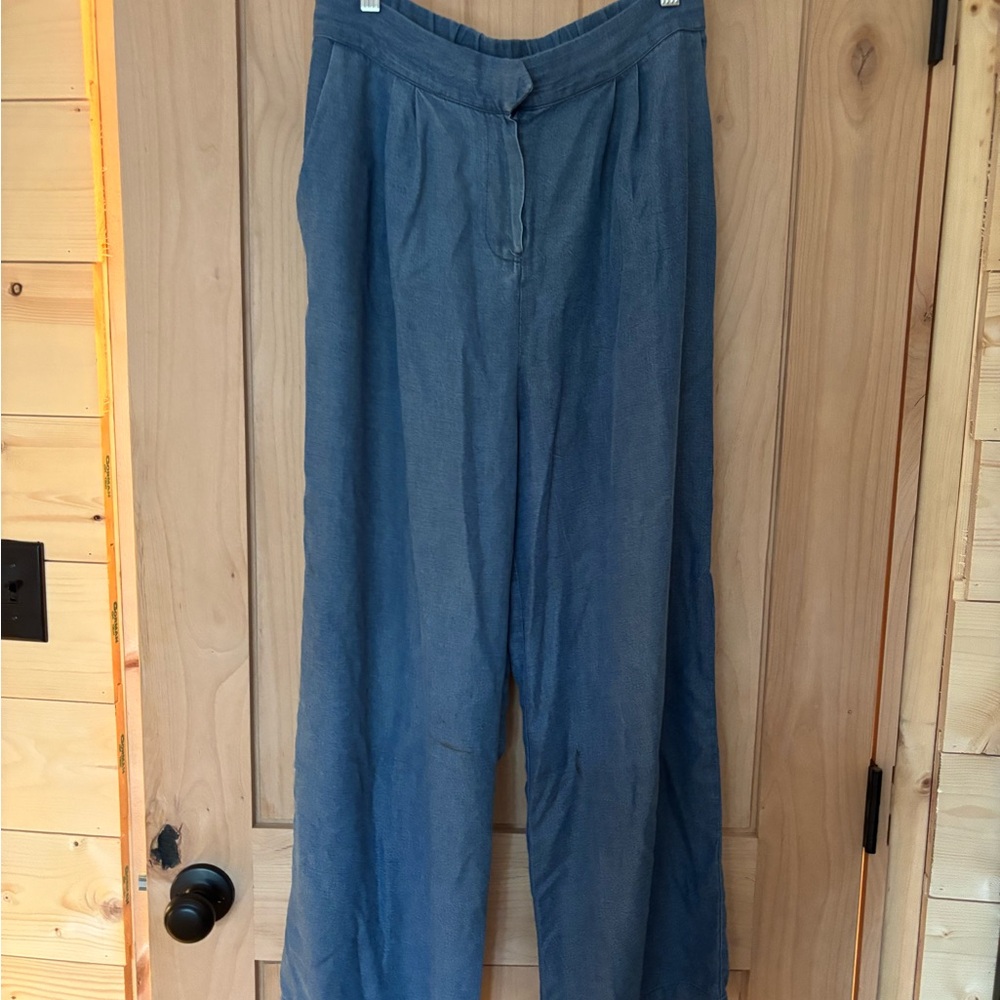 Wide Leg Linen-Blend Pants - Blue